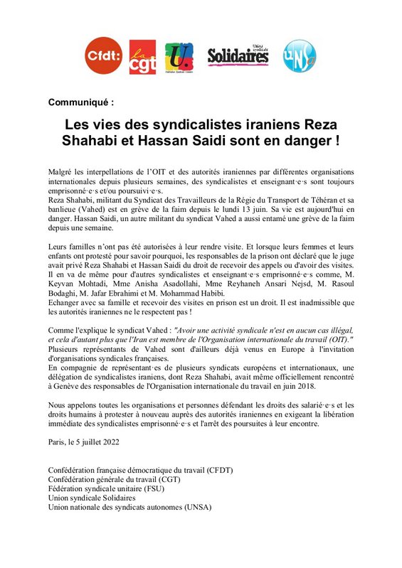 2022-07-05 Communiqué intersyndical Iran