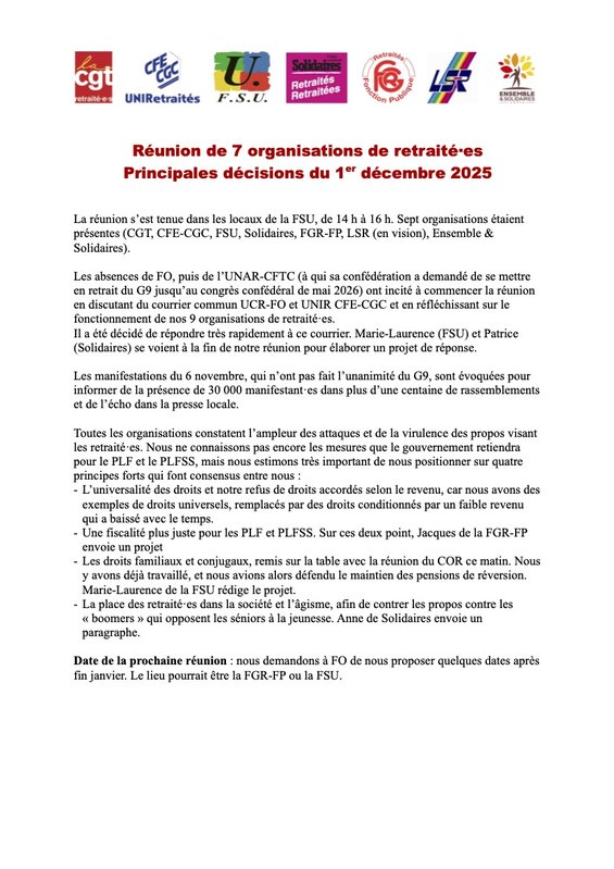 25 12 01 Décisions des 9 organisations de retraités