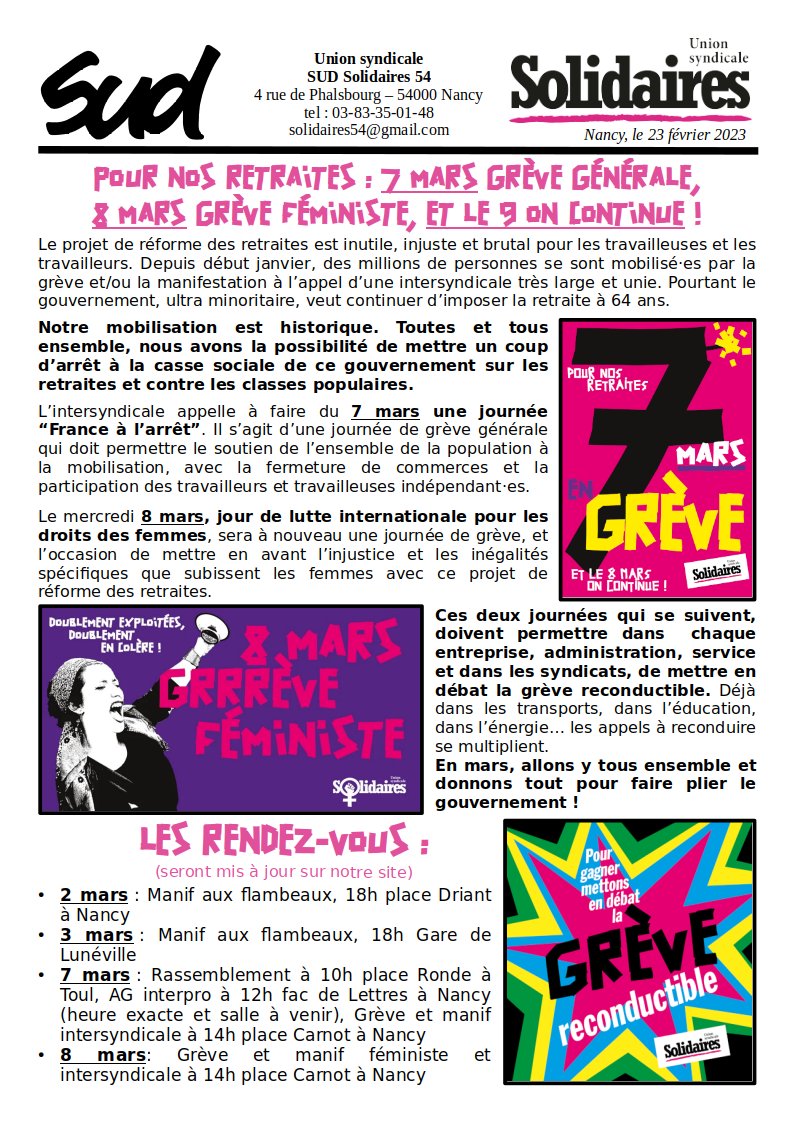 POUR NOS RETRAITES : 7 MARS GRÈVE GÉNÉRALE, 8 MARS GRÈVE FÉMINISTE, ET LE 9 ON CONTINUE !