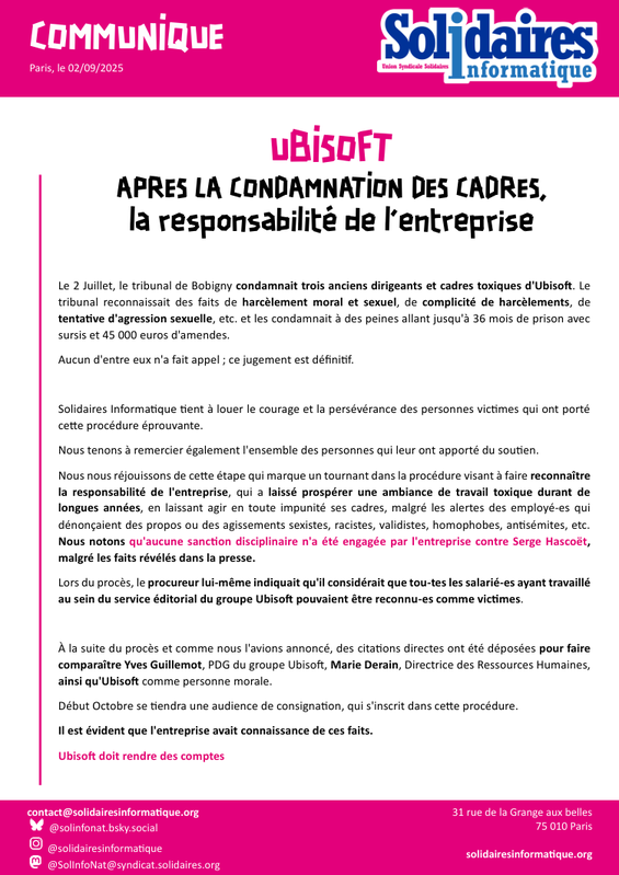 UBISOFT APRES LA CONDAMNATION DES CADRES, la responsabilité de l’entreprise