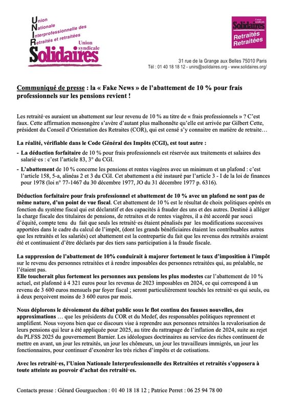 Communiqué - la Fake News des 10 %