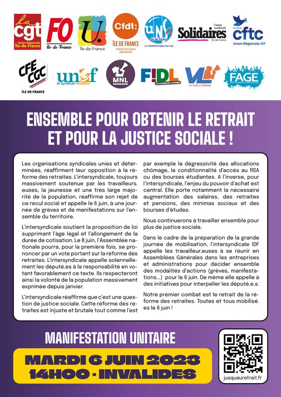 Communiqué Intersyndical IDF 6 juin 2023