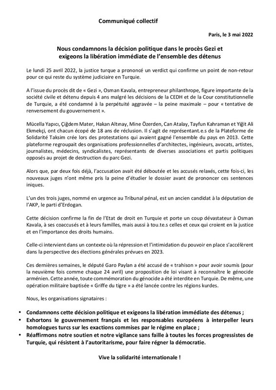 Communique collectif_ Nous condamnons la décision politique dans le procès Gezi