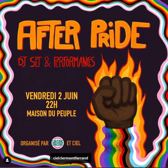 Affiche colorée de l'After Pride. À partir de 22h à la maison du Peuple