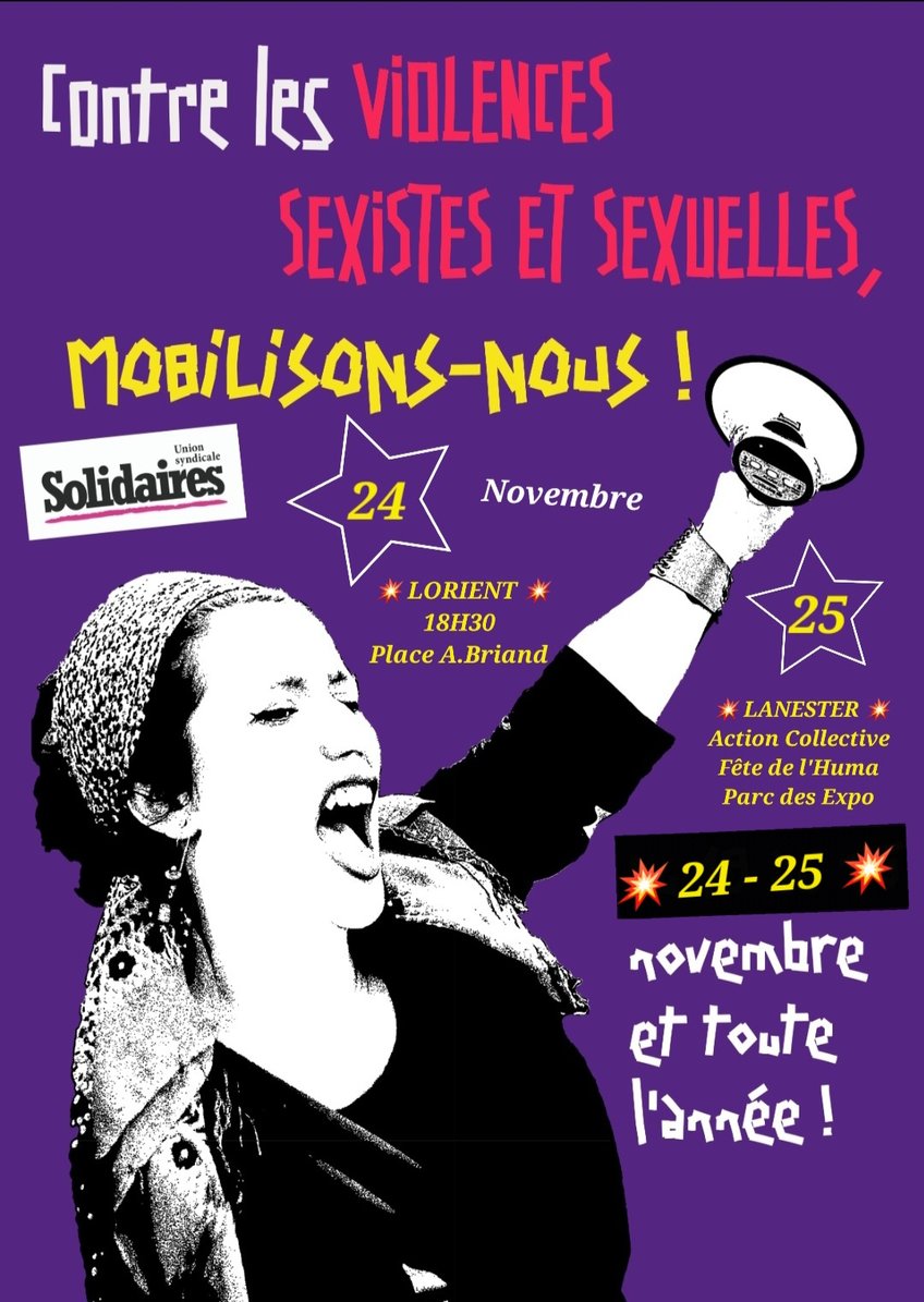 Contre les violences sexistes et sexuelles, mobilisons-nous ! 24 rdv à 10h à Lorient. 25 novembre à Lanester action collective à la fête de l'Huma !