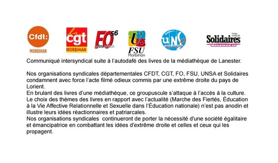 Solidaires 56 - CP intersyndicale départementale 56 suite à l'autodafé des livres decla médiathèque de Lanester