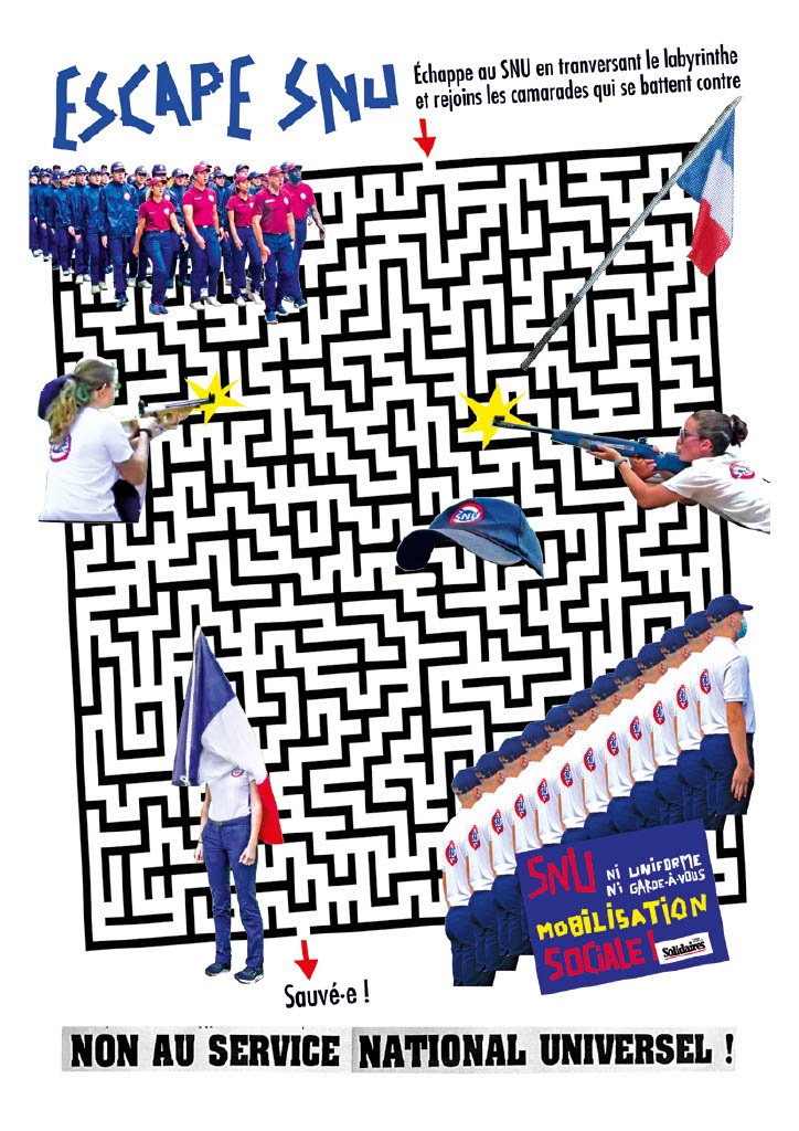 jeu :  Escape SNU. Echappe au SNU en traversant le labyrinthe et rejoins les camarades qui se battent contre.