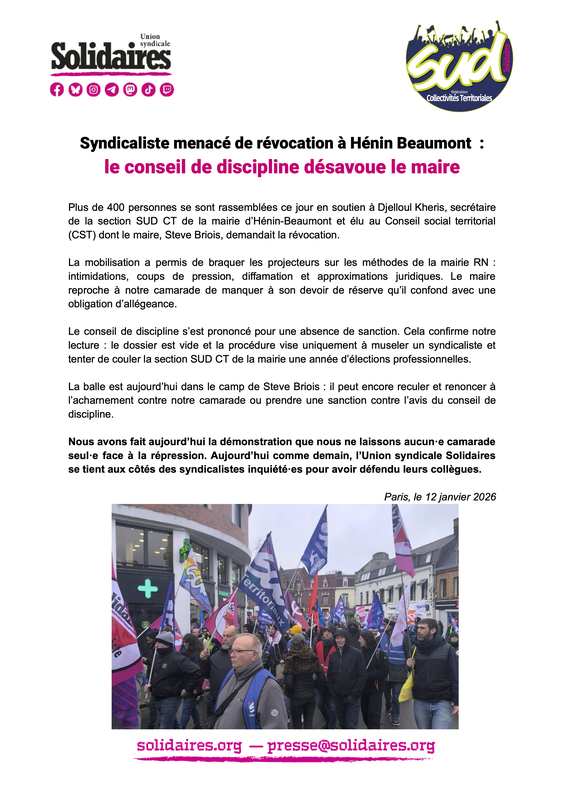 Syndicaliste menacé de révocation par la mairie d'Hénin Beaumont -1