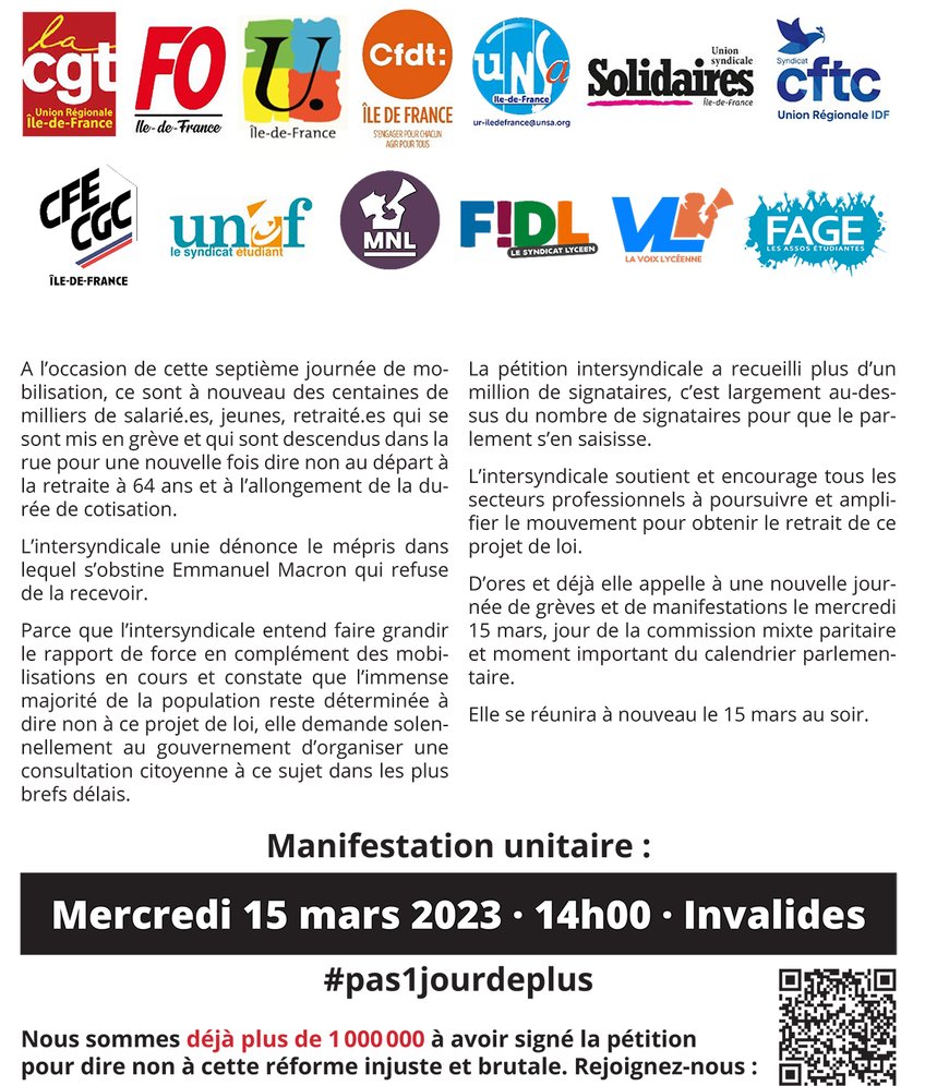 L’intersyndicale soutient et encourage tous les secteurs professionnels à poursuivre et amplifier le mouvement pour obtenir le retrait de ce projet de loi.